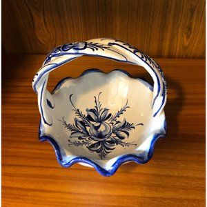 Vintage blue and white hand painted ceramic candy dish with handle